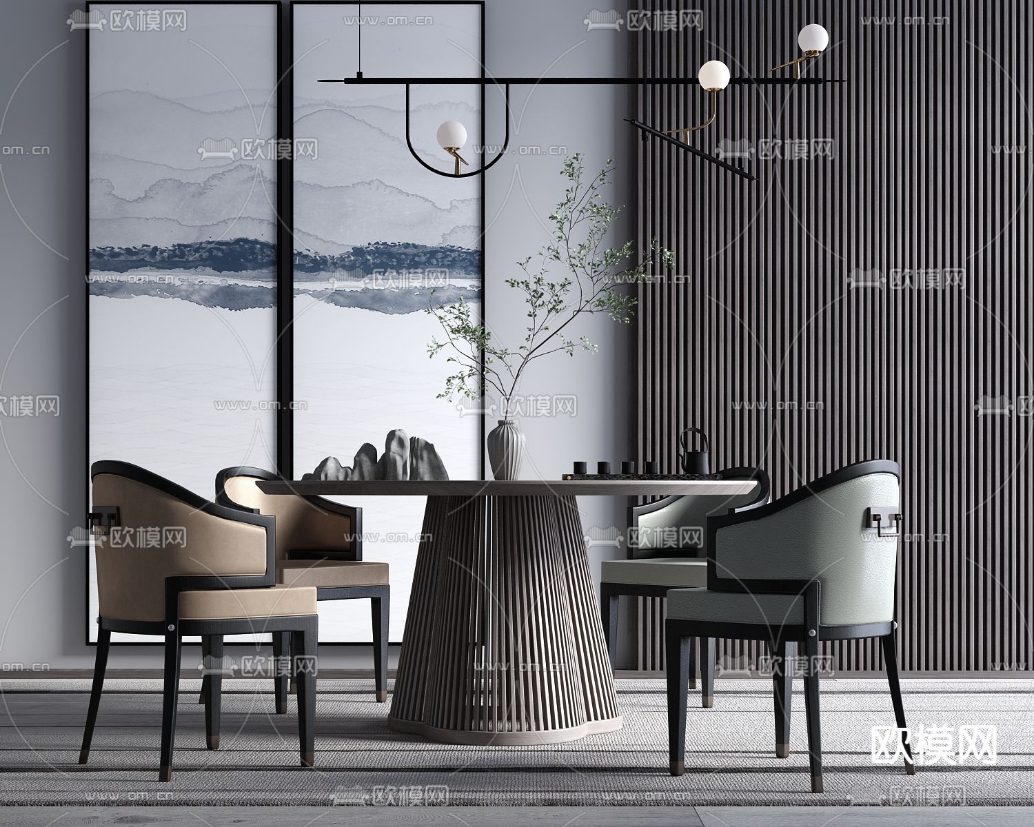 新中式轻奢餐桌椅su模型下载（渲染图1）