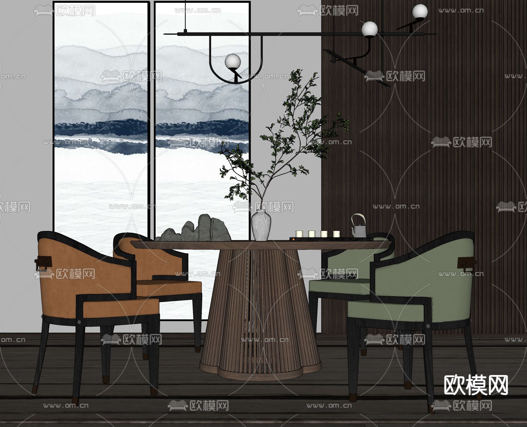 新中式轻奢餐桌椅su模型下载（渲染图2）