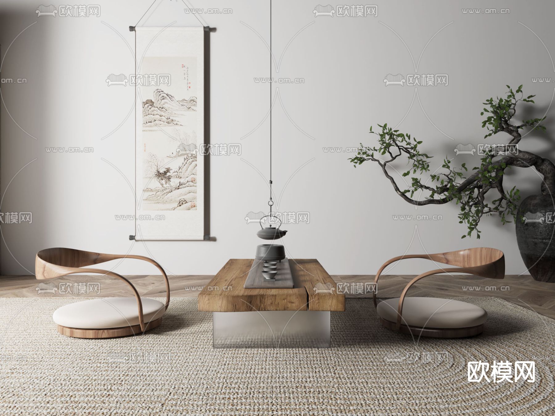 现代实木茶桌椅组合3d模型下载