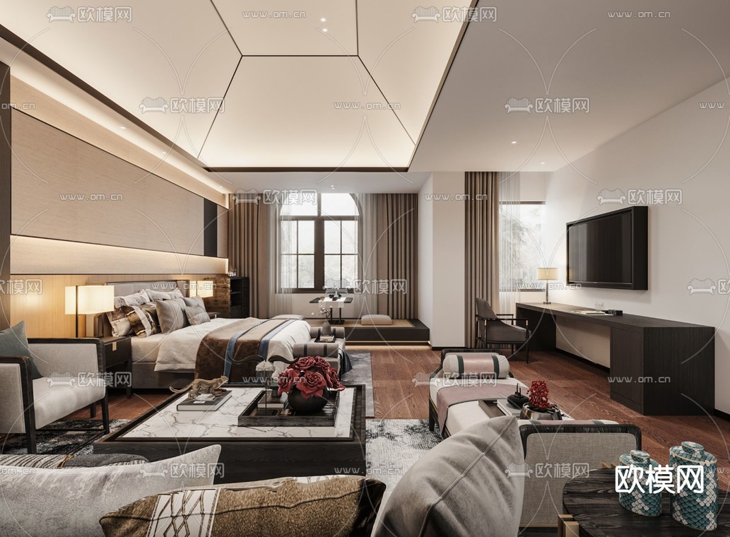 新中式酒店套房3d模型下载_ID11859939_3dmax免费模型-欧模网