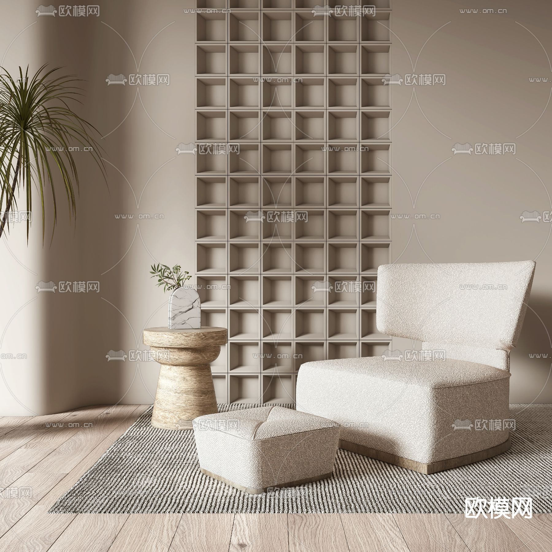 侘寂风布艺单人沙发脚踏3d模型下载