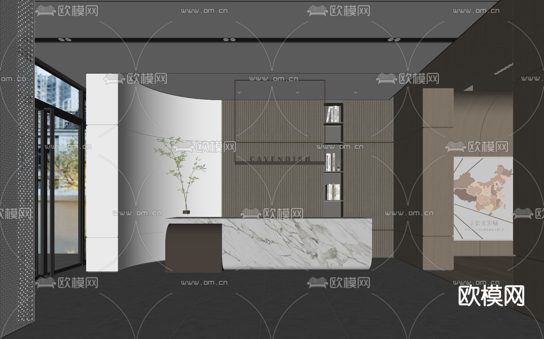 现代办公前台接待su模型下载（渲染图2）