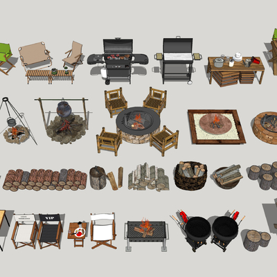  现代户外露营篝火烧烤架su模型 