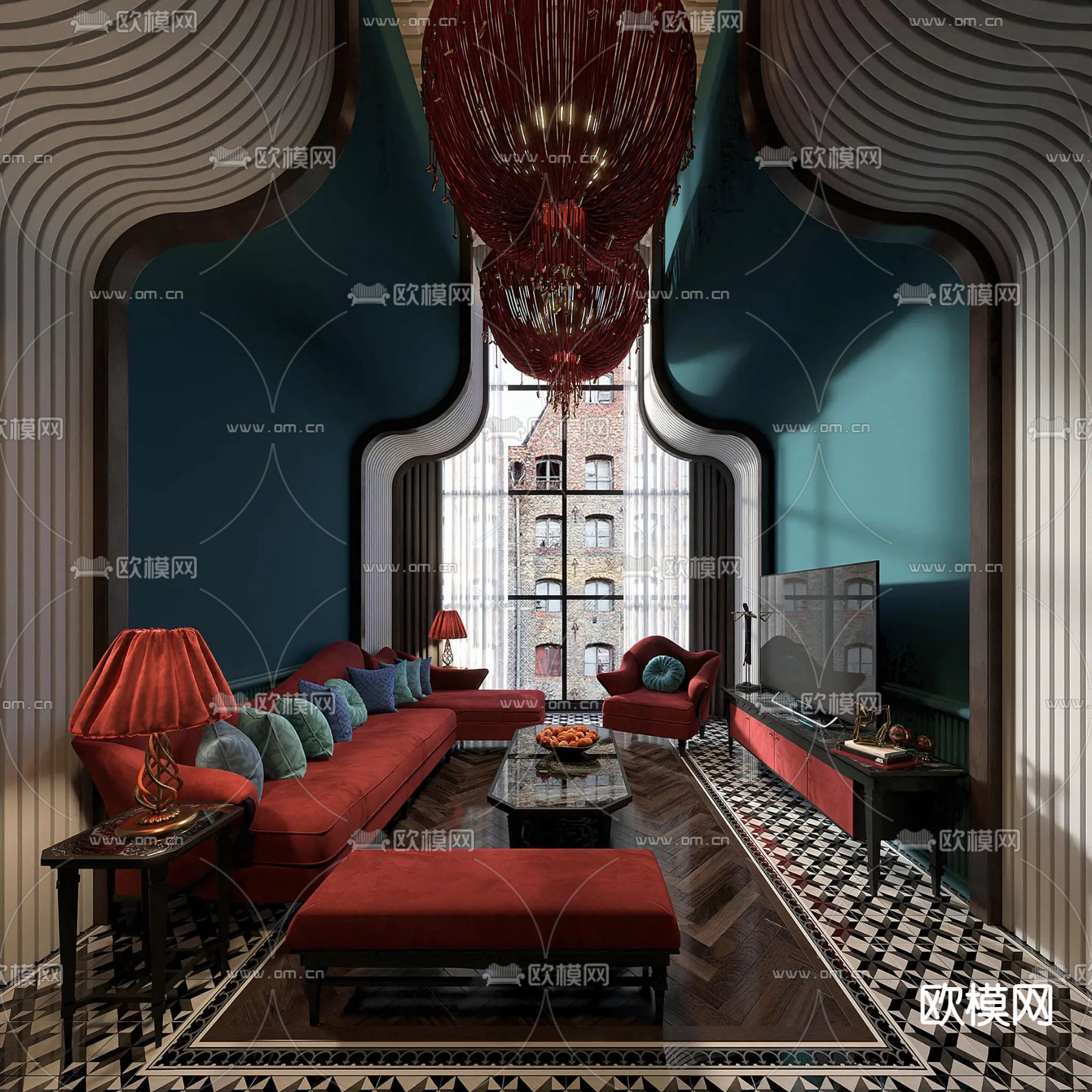 美式客厅su模型下载（渲染图1）