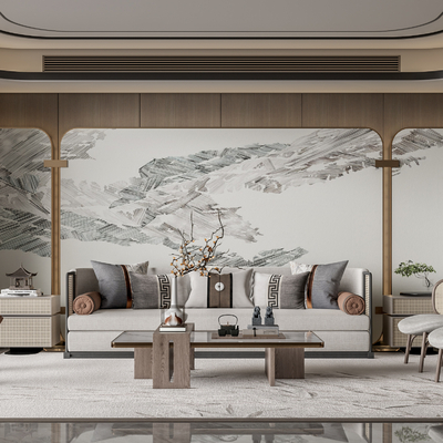 新中式布艺沙发组合su模型