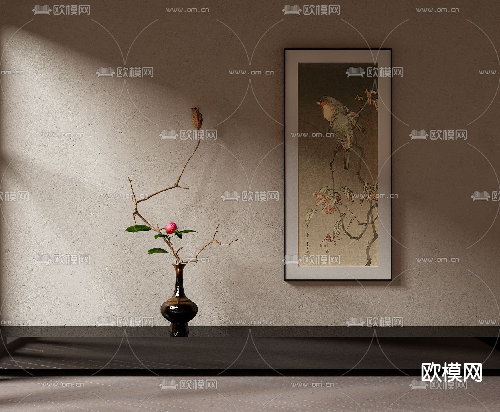 新中式枯枝花瓶花艺3d模型下载（渲染图1）