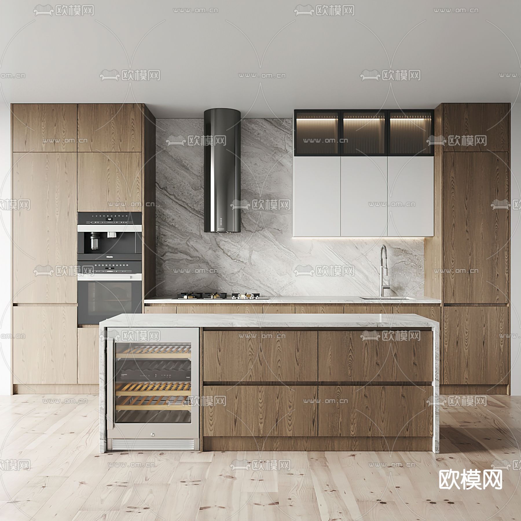 简欧中岛厨房橱柜3d模型下载（渲染图1）