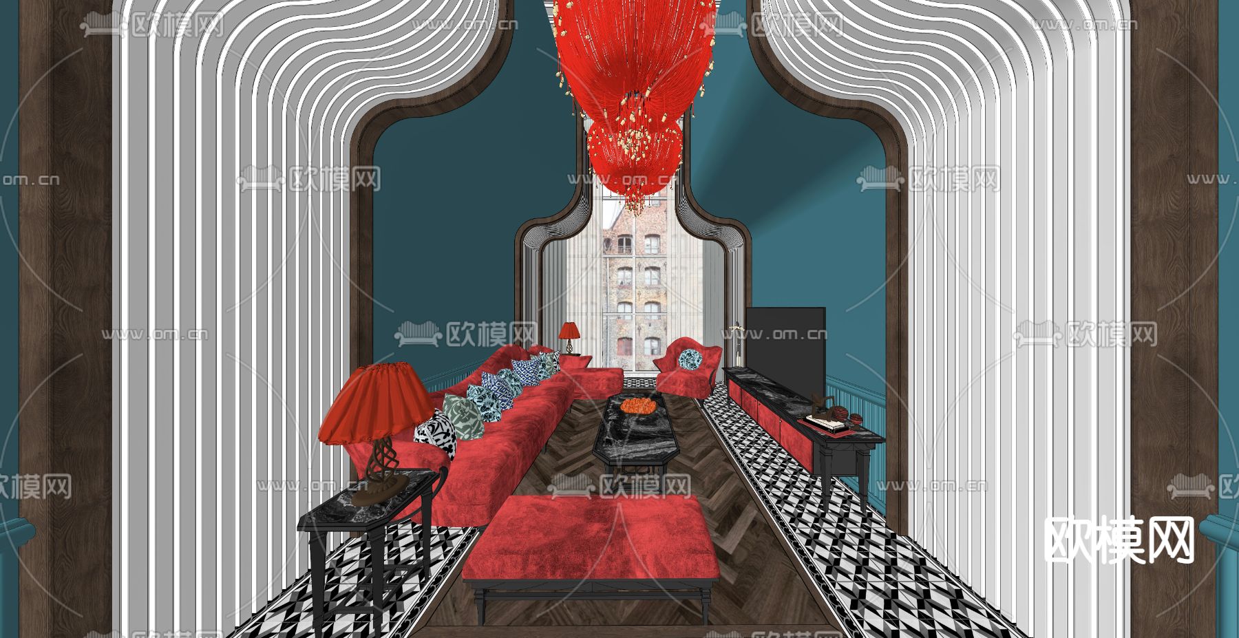 美式客厅su模型下载（渲染图3）