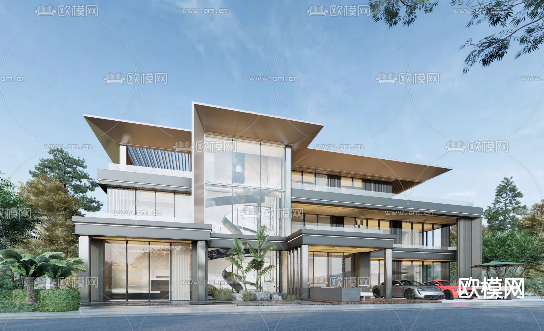 现代别墅外观su模型下载（渲染图2）