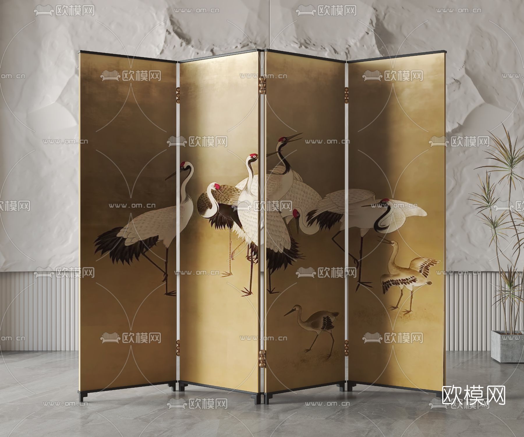 新中式仙鹤隔断屏风3d模型下载