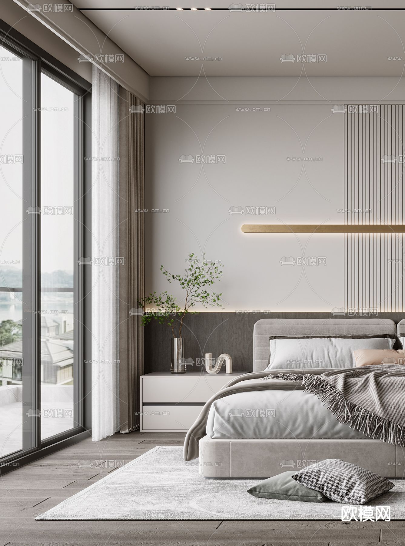 现代高级灰卧室3d模型下载（渲染图2）