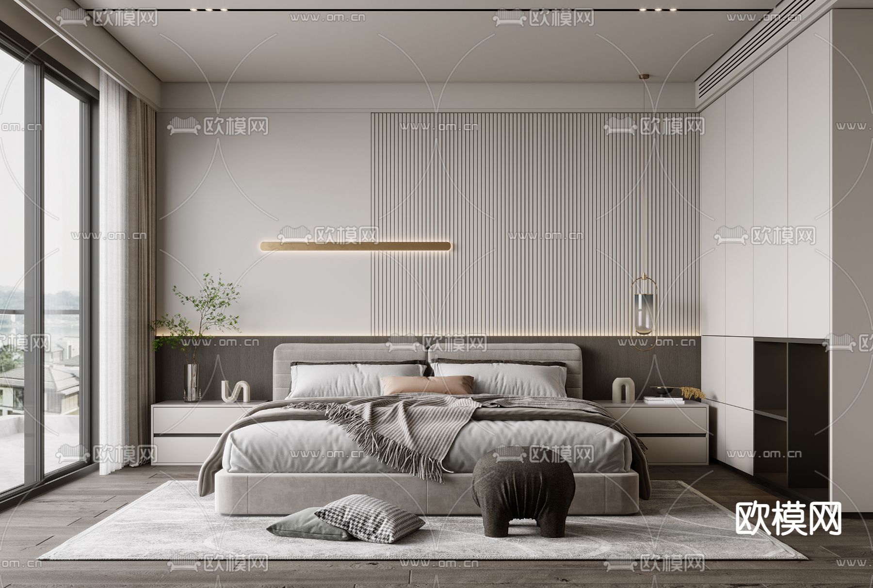 现代高级灰卧室3d模型下载（渲染图1）
