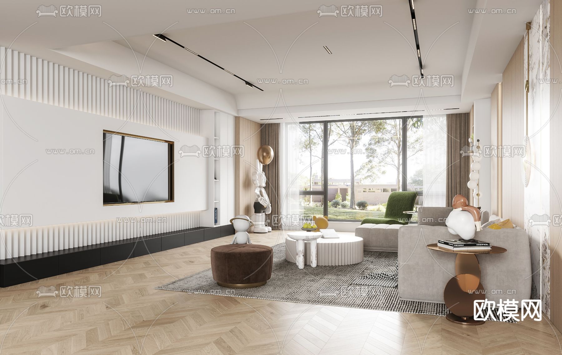 现代轻奢客厅3d模型下载（渲染图2）