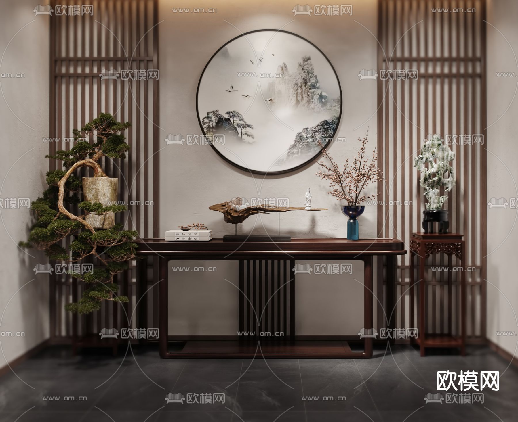 新中式玄关门厅3d模型下载（渲染图2）