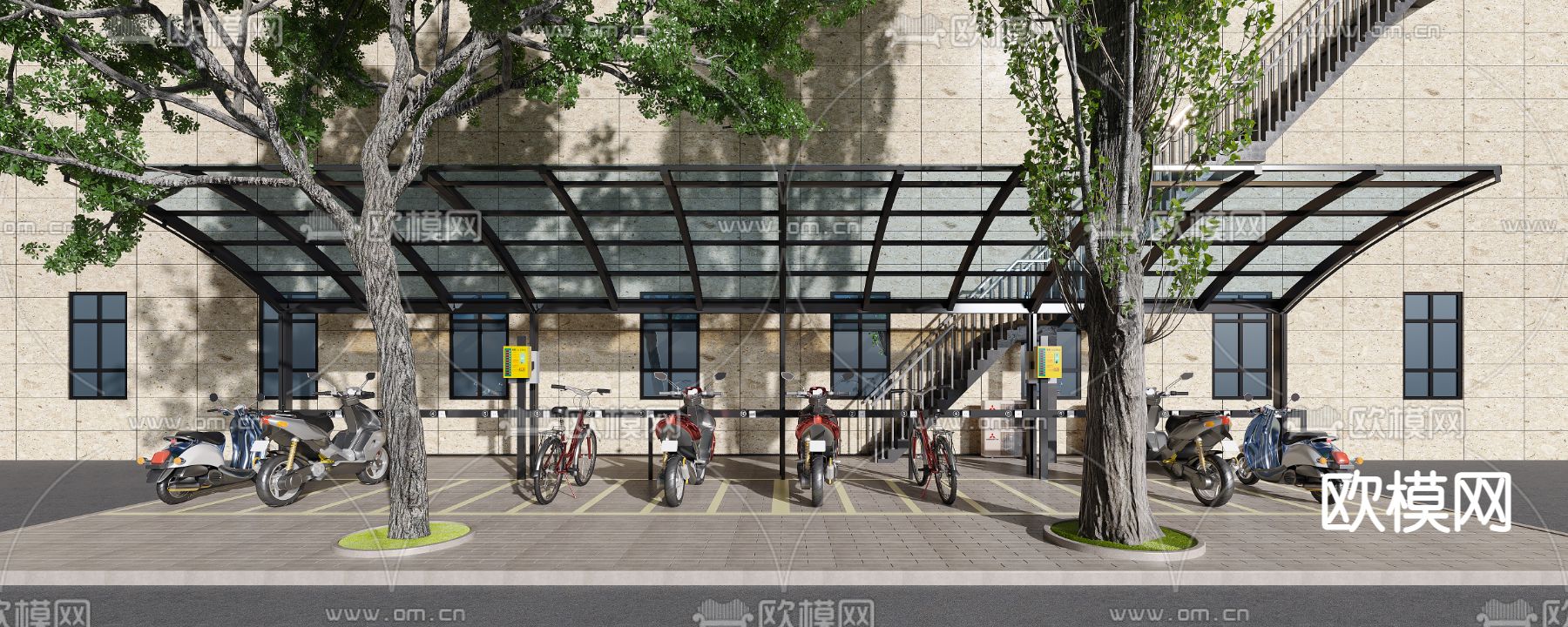 现代电动车自行车停车棚3d模型