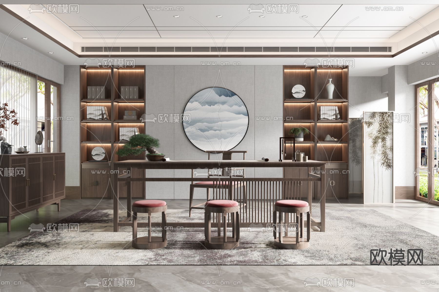 新中式轻奢书房3d模型下载（渲染图1）