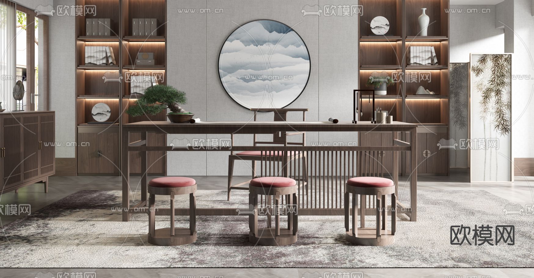 新中式轻奢书房3d模型下载（渲染图3）