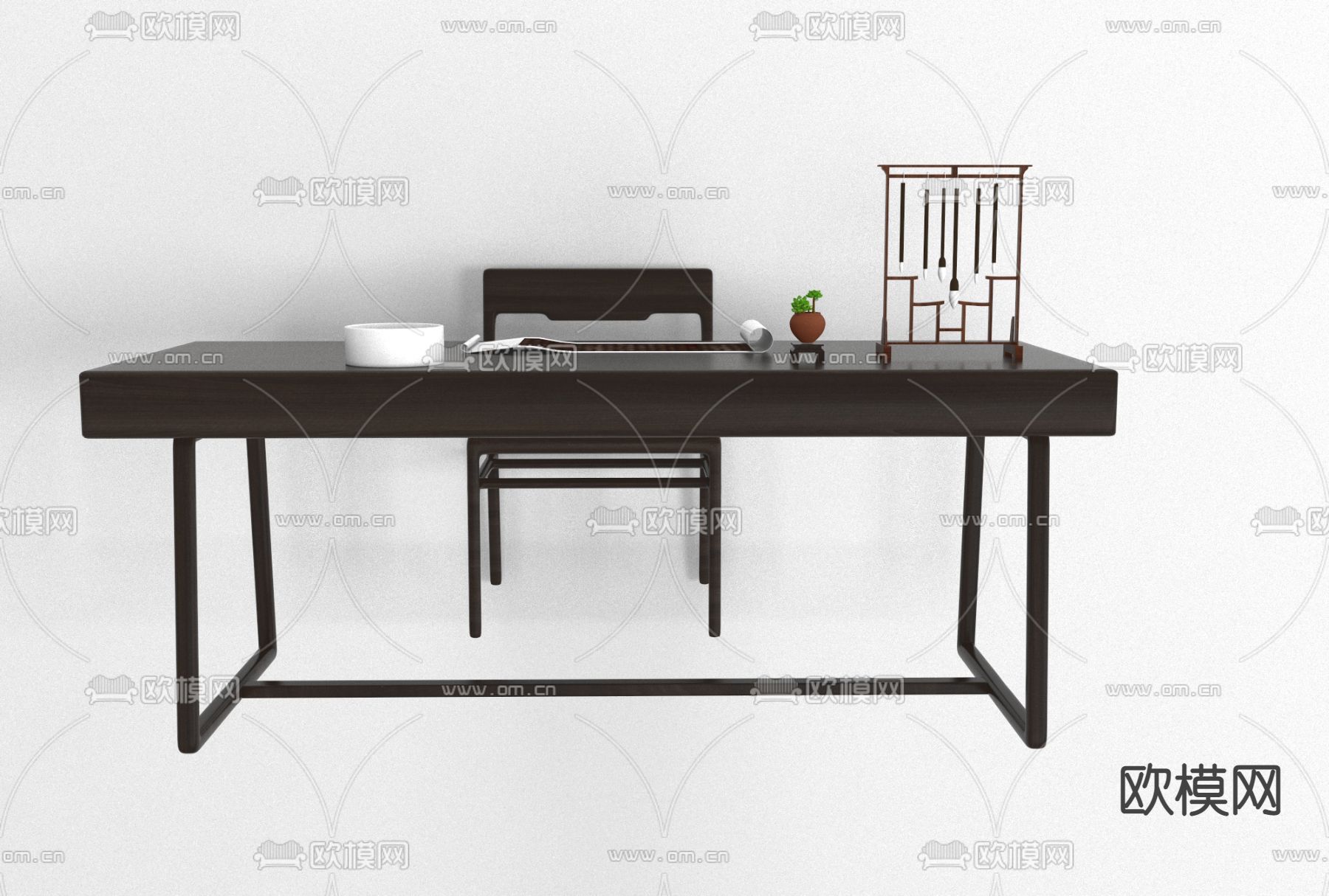 新中式实木书桌椅免费3d模型下载