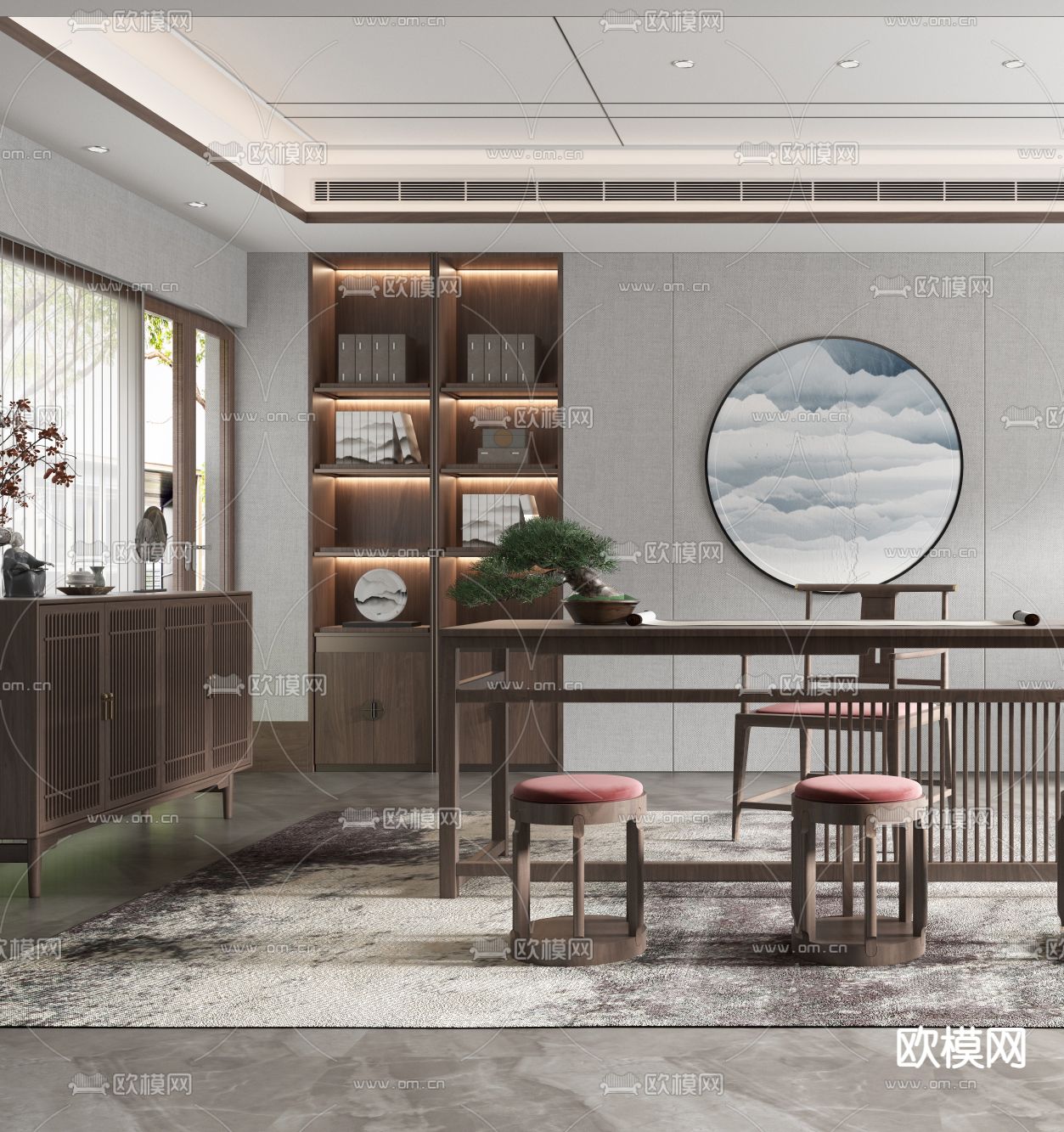 新中式轻奢书房3d模型下载（渲染图2）