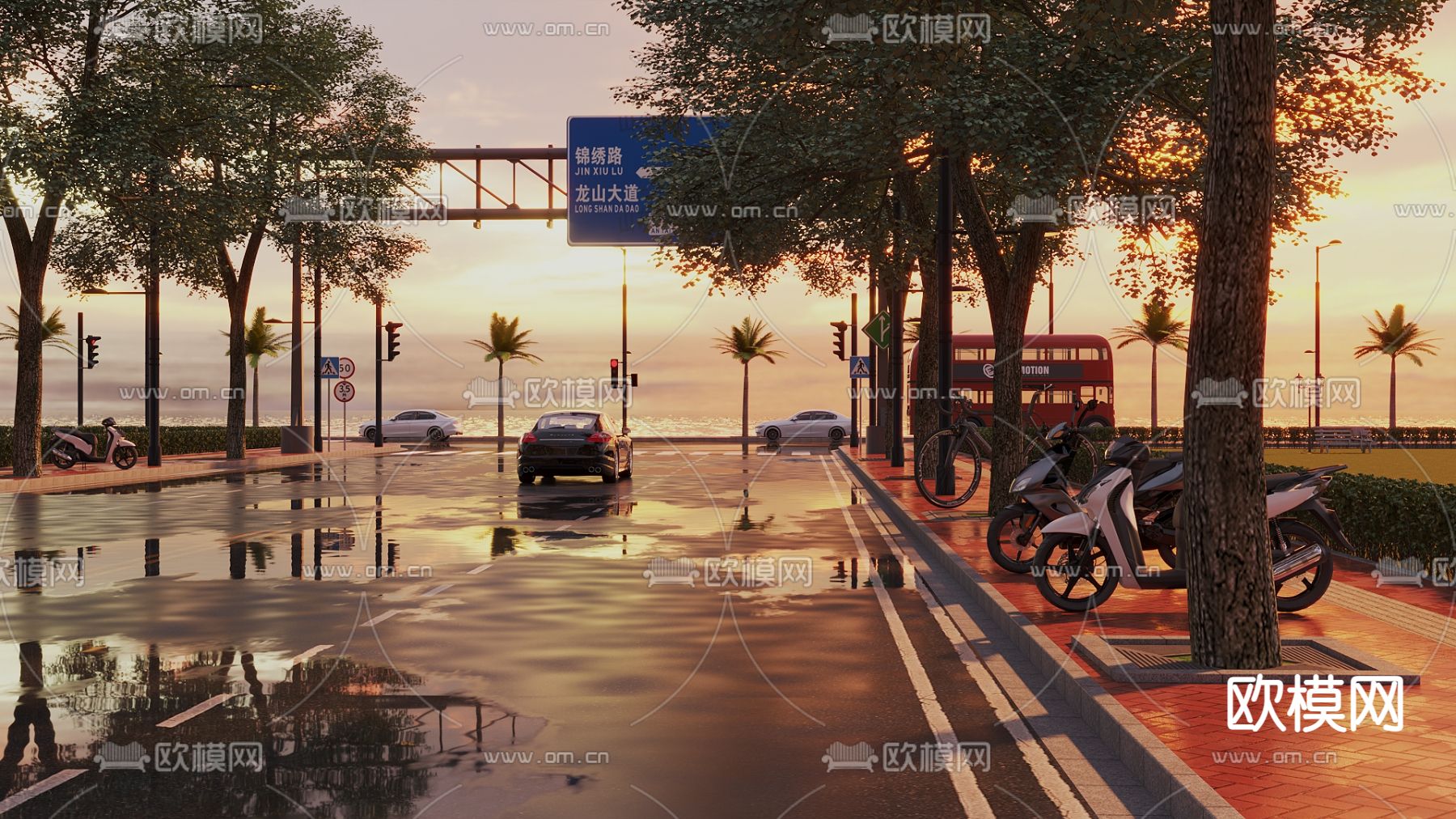 现代黄昏城市道路景观3d模型