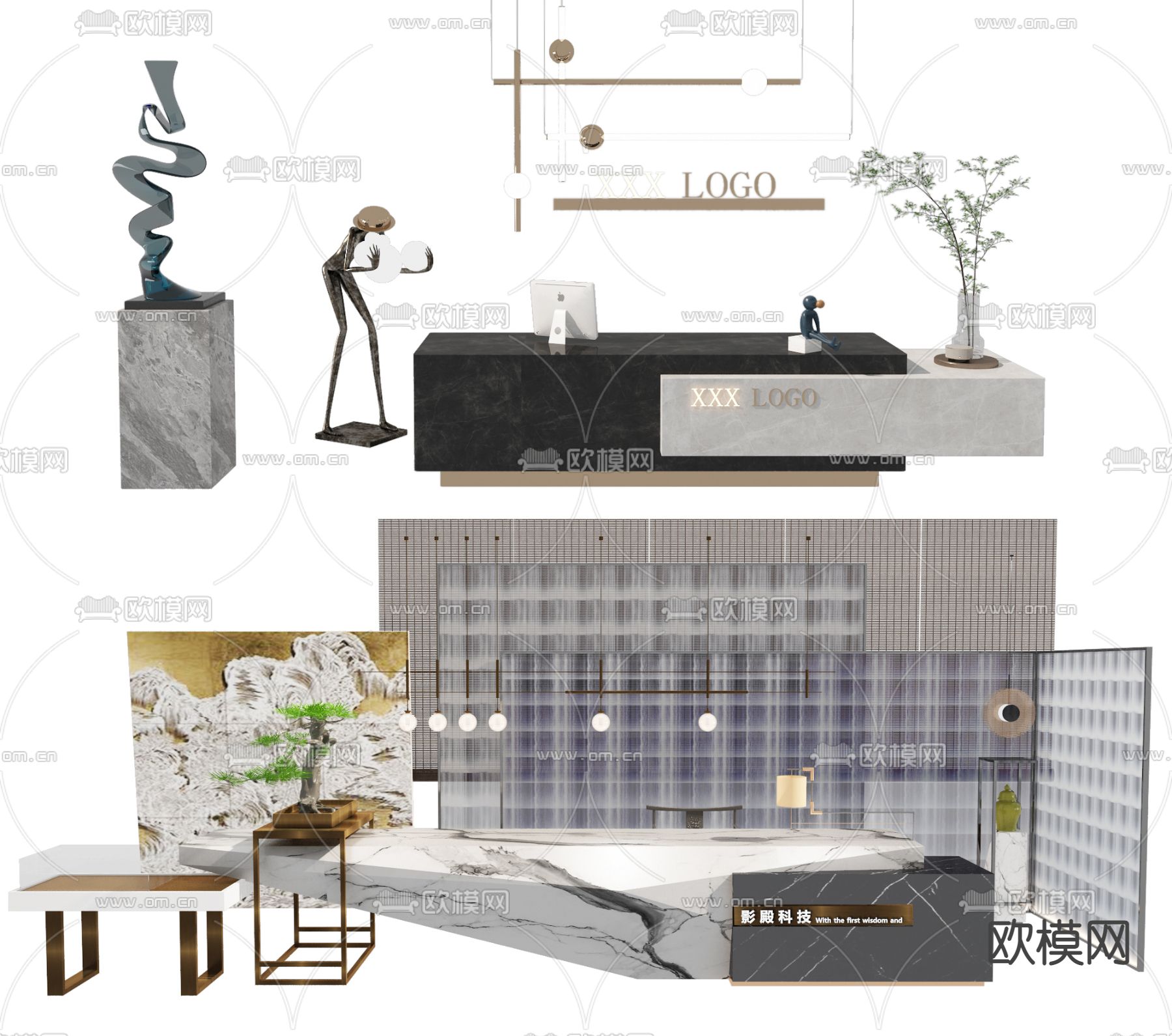 现代公司前台接待台3d模型下载（渲染图1）