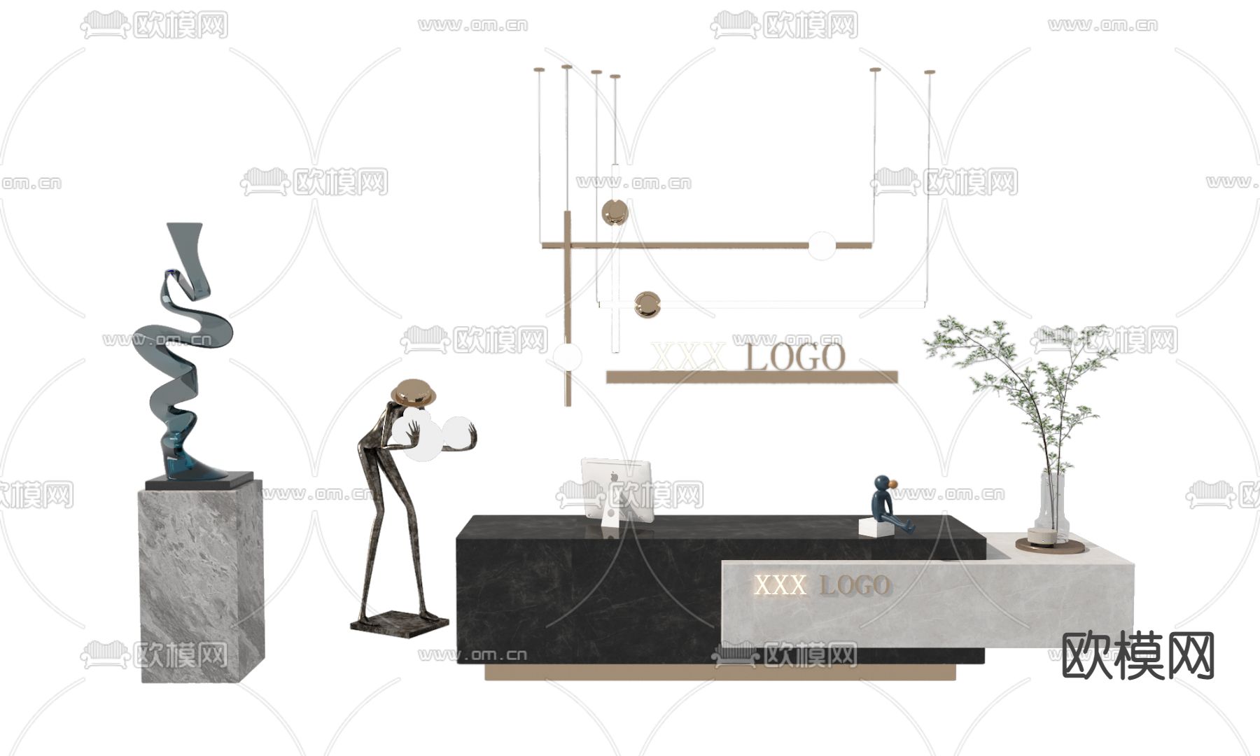 现代公司前台接待台3d模型下载（渲染图3）