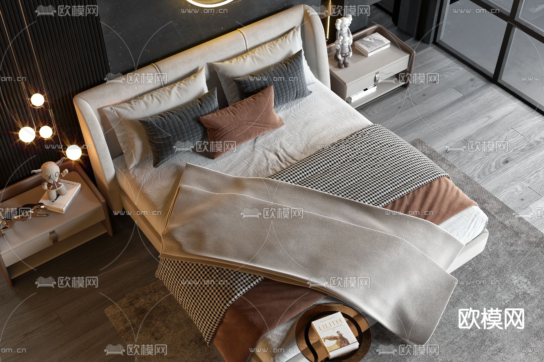 现代布艺双人床3d模型下载（渲染图3）