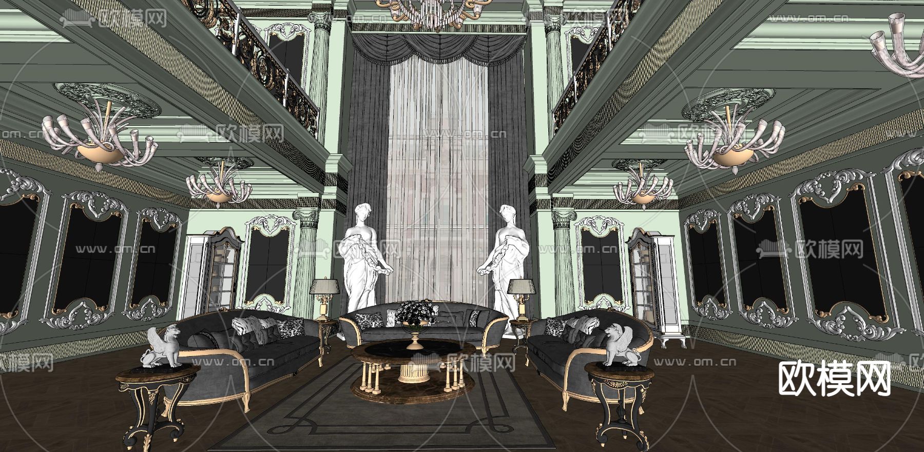 欧式跃层客厅su模型下载（渲染图5）