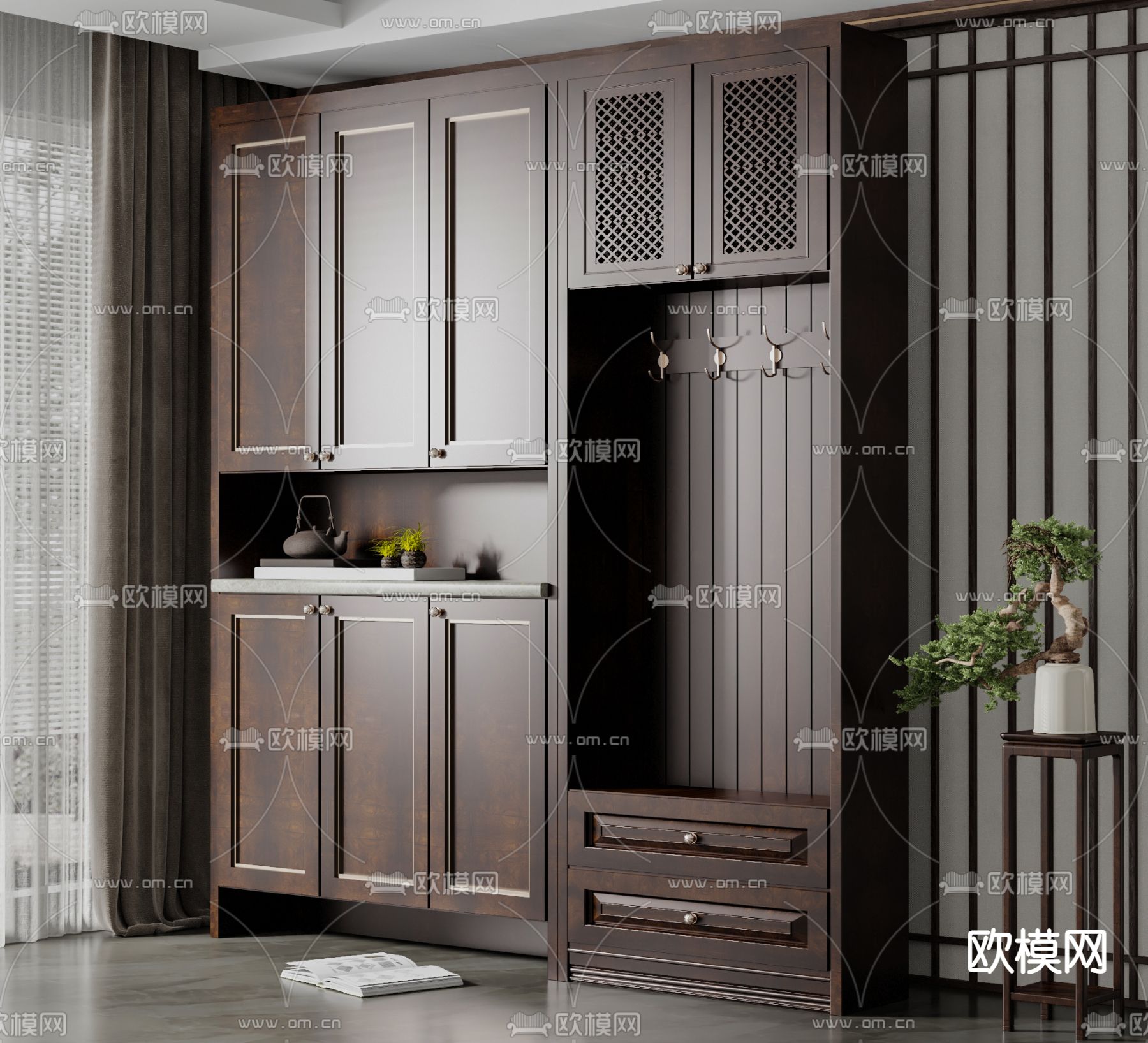 新中式玄关鞋柜su模型下载（渲染图1）