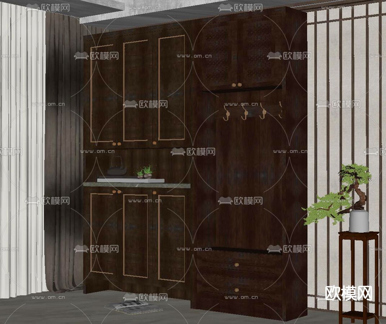 新中式玄关鞋柜su模型下载（渲染图2）
