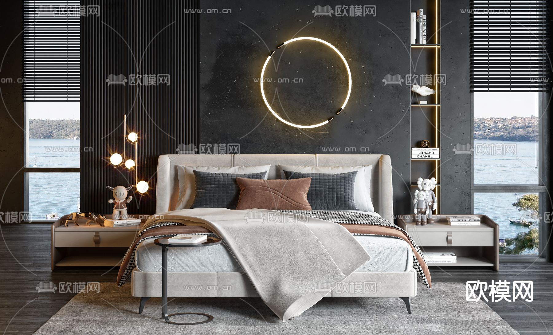 现代布艺双人床3d模型下载（渲染图2）