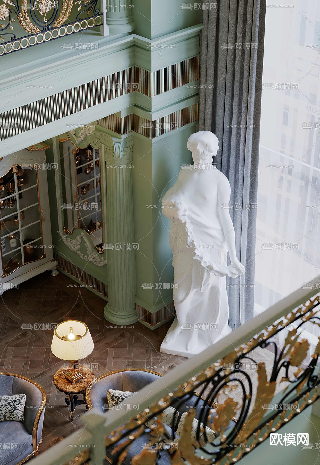 欧式跃层客厅su模型下载（渲染图4）