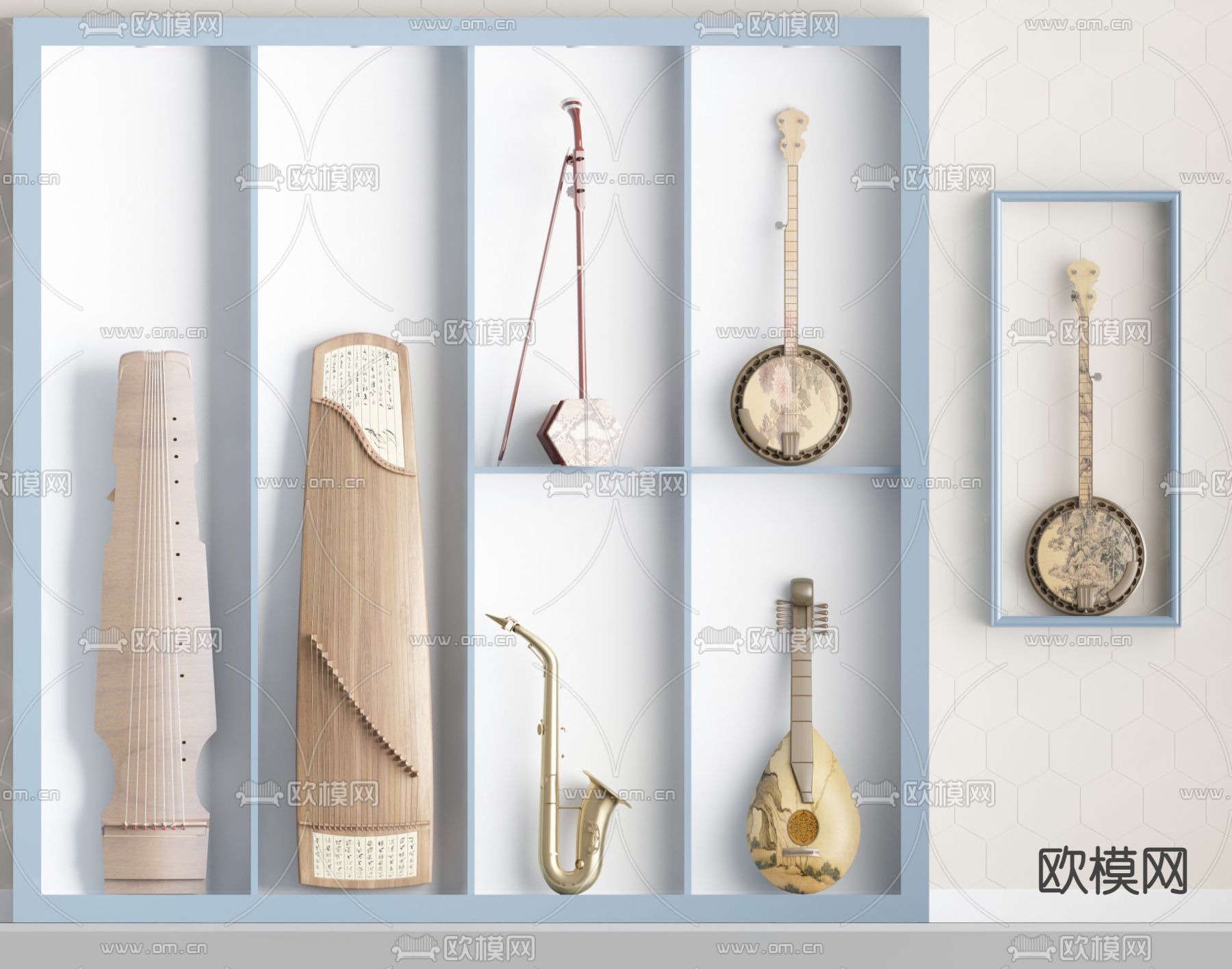 中式古筝琵琶乐器su模型下载（渲染图1）