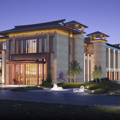 新中式酒店夜景建筑外观3d模型id:11864311下载新中式高层商业住宅