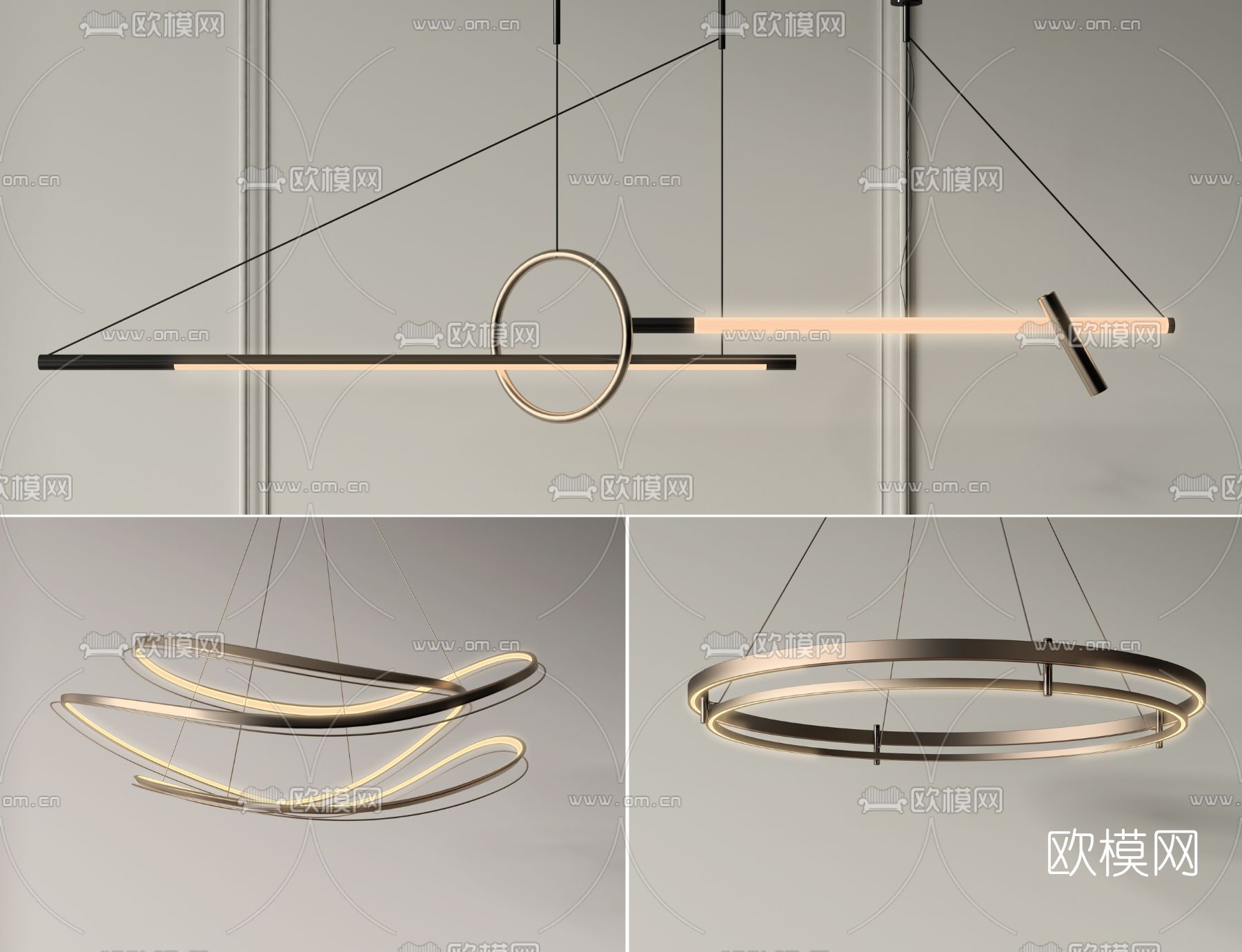 现代弧形吊灯3d模型下载（渲染图1）