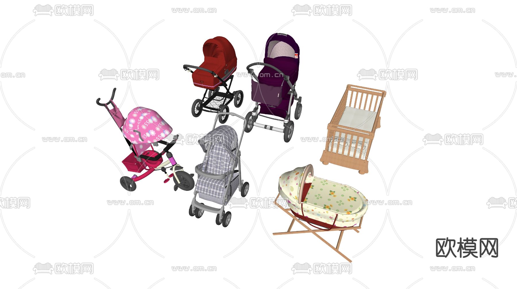 现代婴儿床婴儿车su模型下载