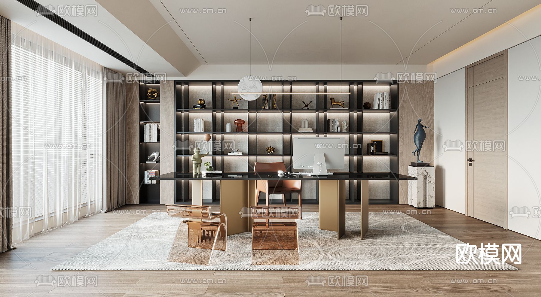 现代轻奢书房3d模型下载