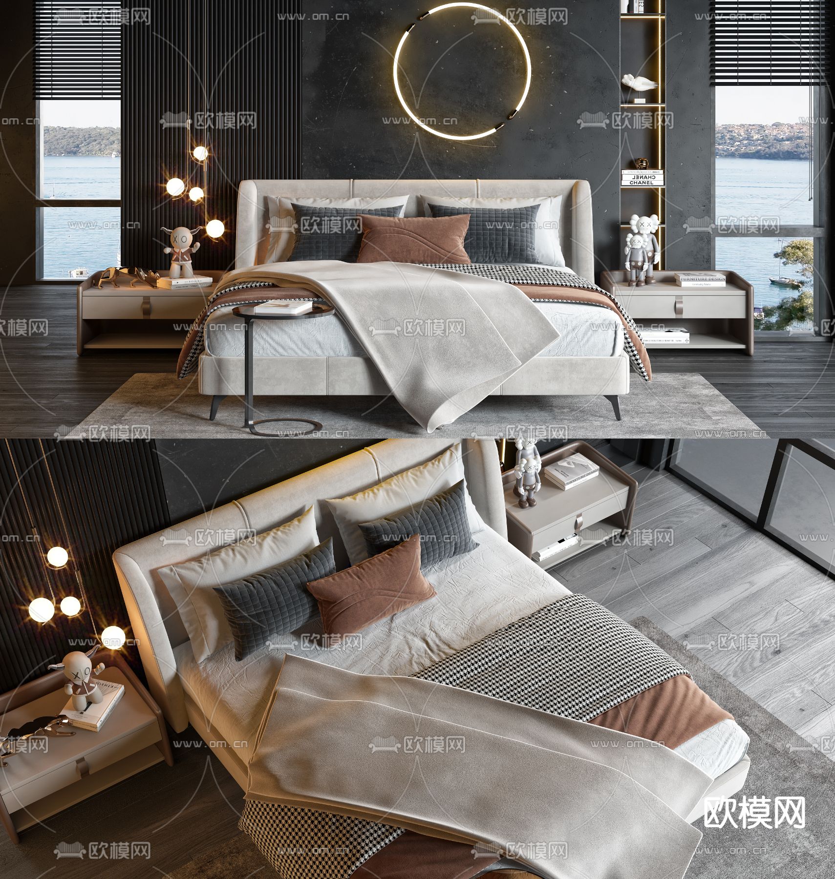 现代布艺双人床3d模型下载（渲染图1）