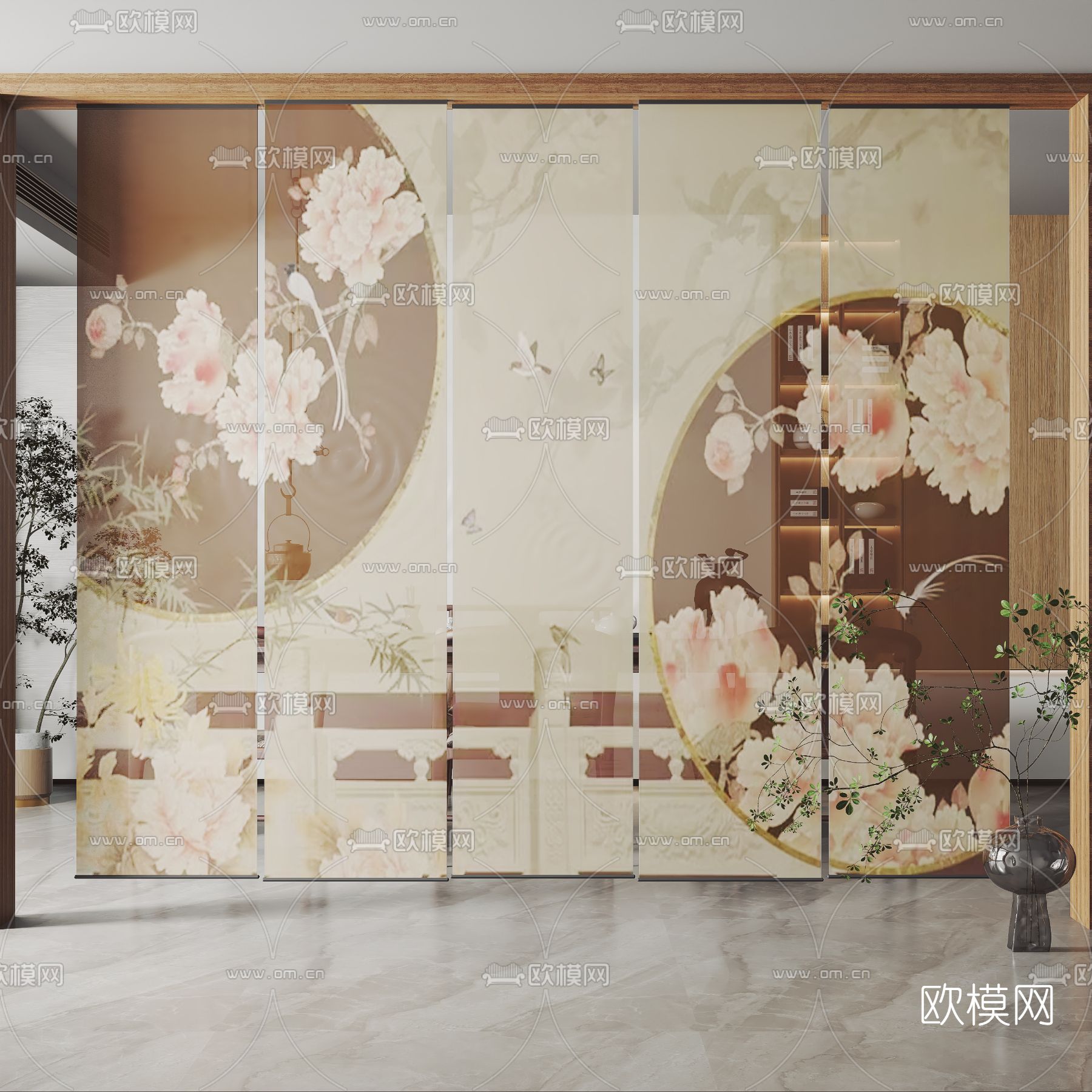 新中式纱帘卷帘隔断3d模型下载