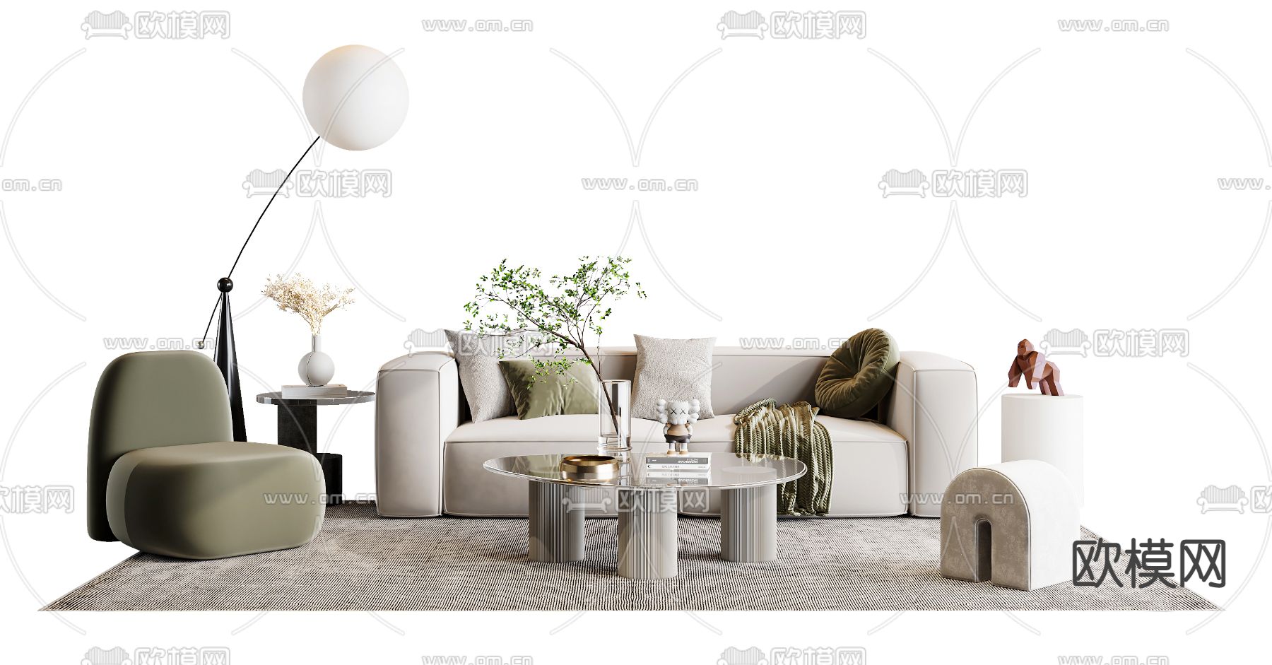 现代布艺沙发茶几组合su模型下载（渲染图1）
