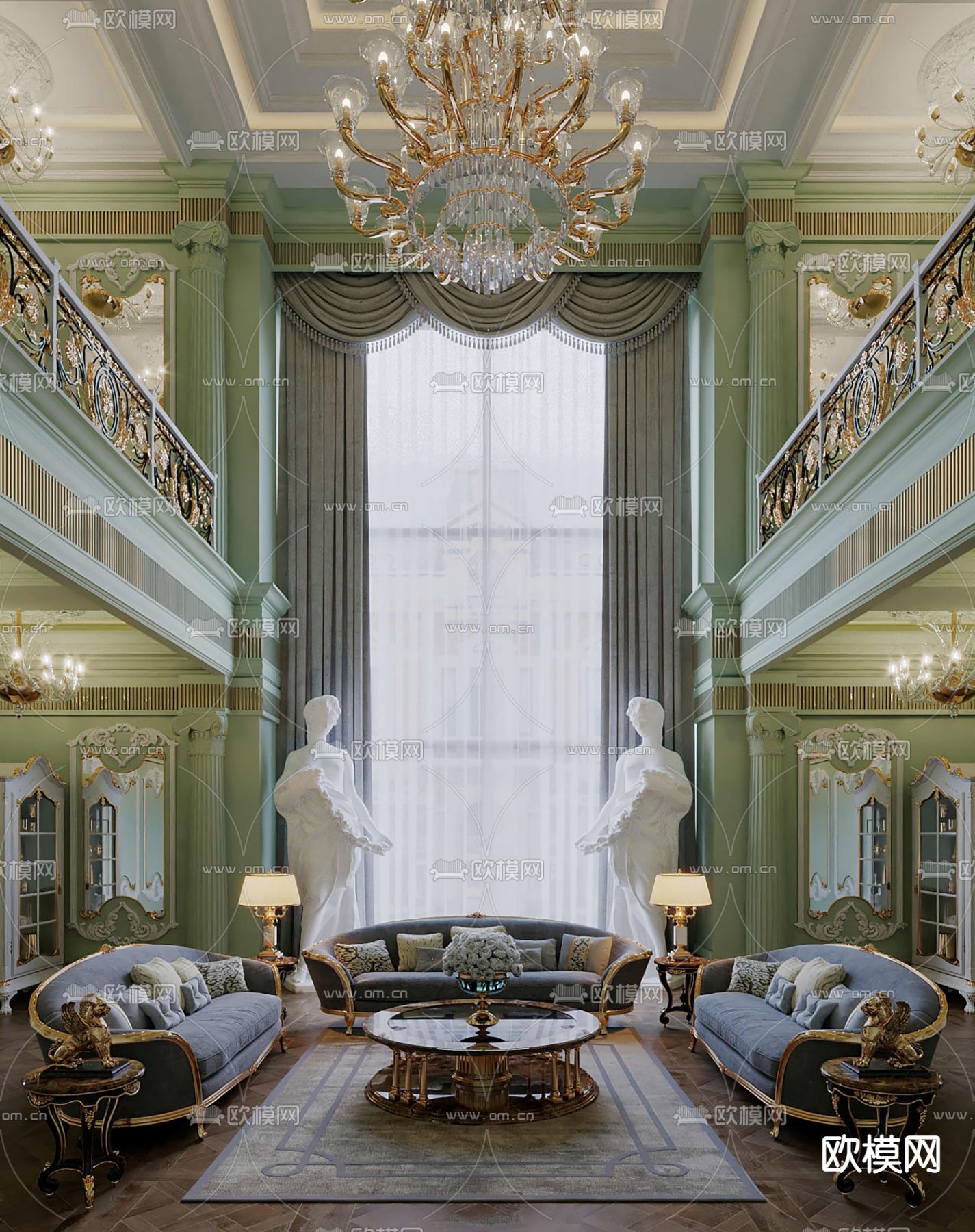 欧式跃层客厅su模型下载（渲染图1）