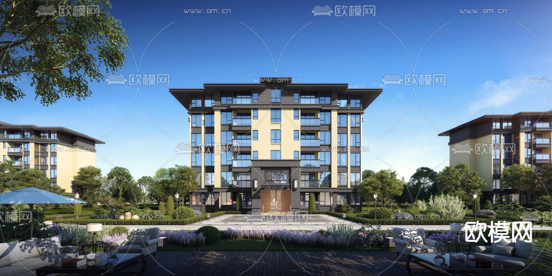 新中式多层住宅楼建筑外观3d模型下载