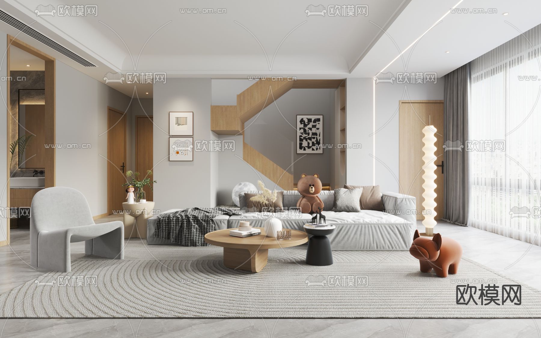 北欧复式客厅餐厅3d模型下载（渲染图1）