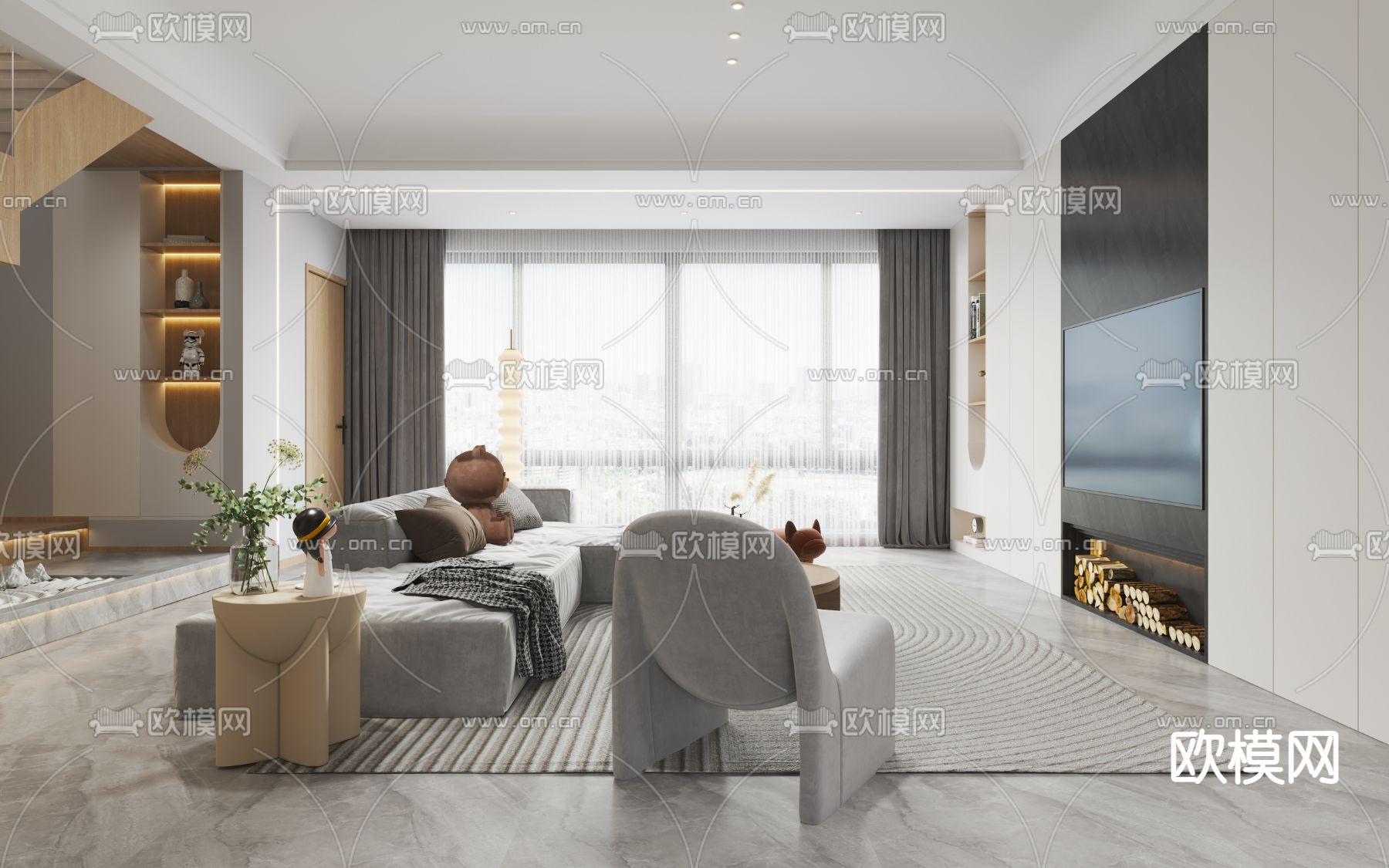 北欧复式客厅餐厅3d模型下载（渲染图3）