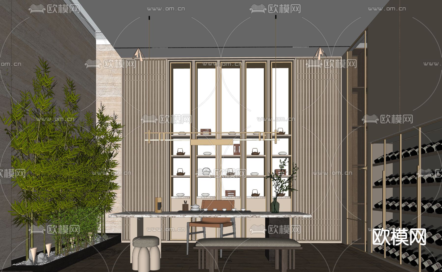 新中式茶室su模型下载（渲染图2）