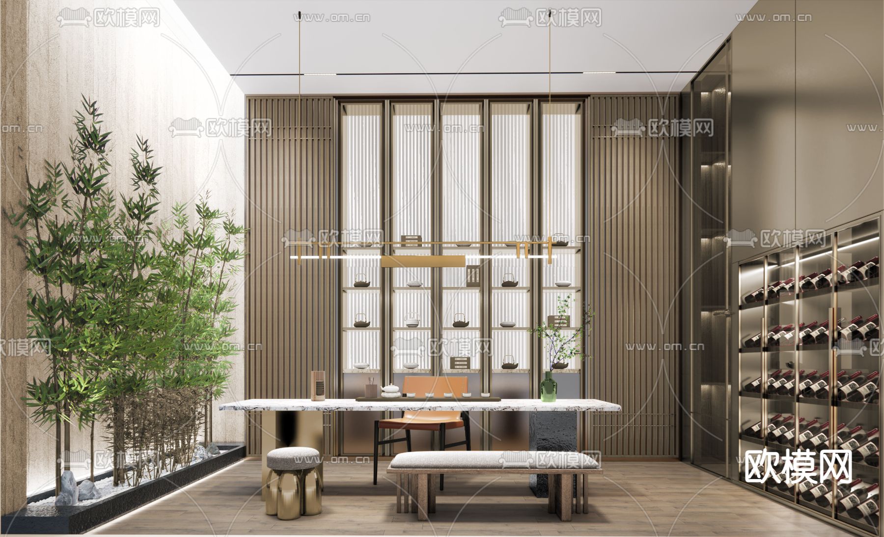 新中式茶室su模型下载（渲染图1）