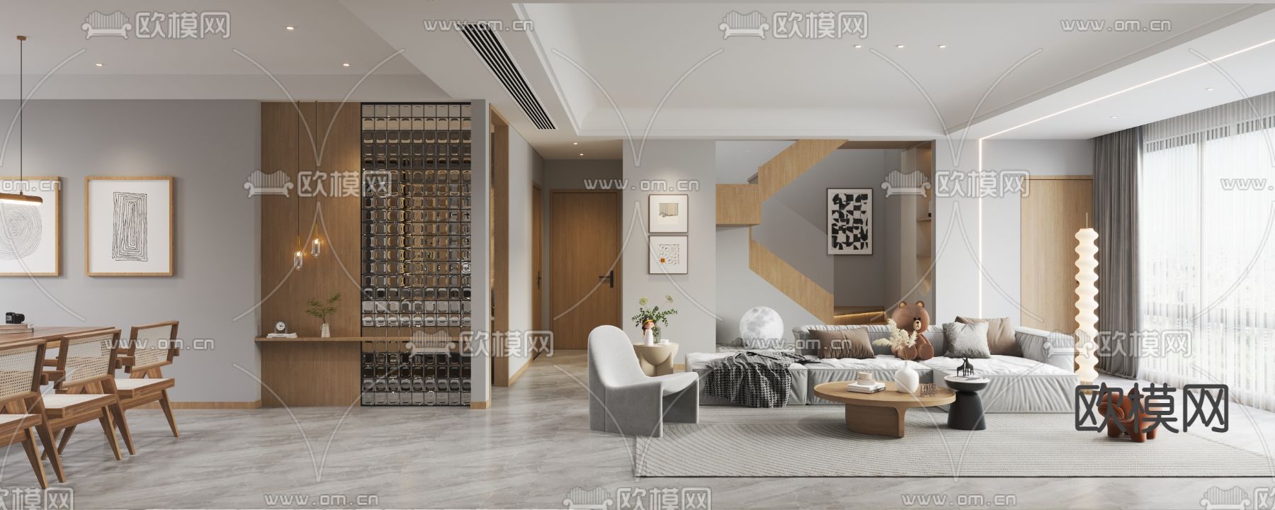 北欧复式客厅餐厅3d模型下载（渲染图2）