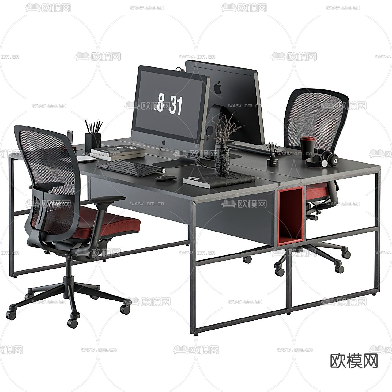 现代办公桌椅卡位3d模型下载（渲染图1）