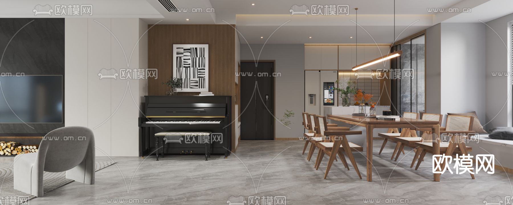 北欧复式客厅餐厅3d模型下载（渲染图6）
