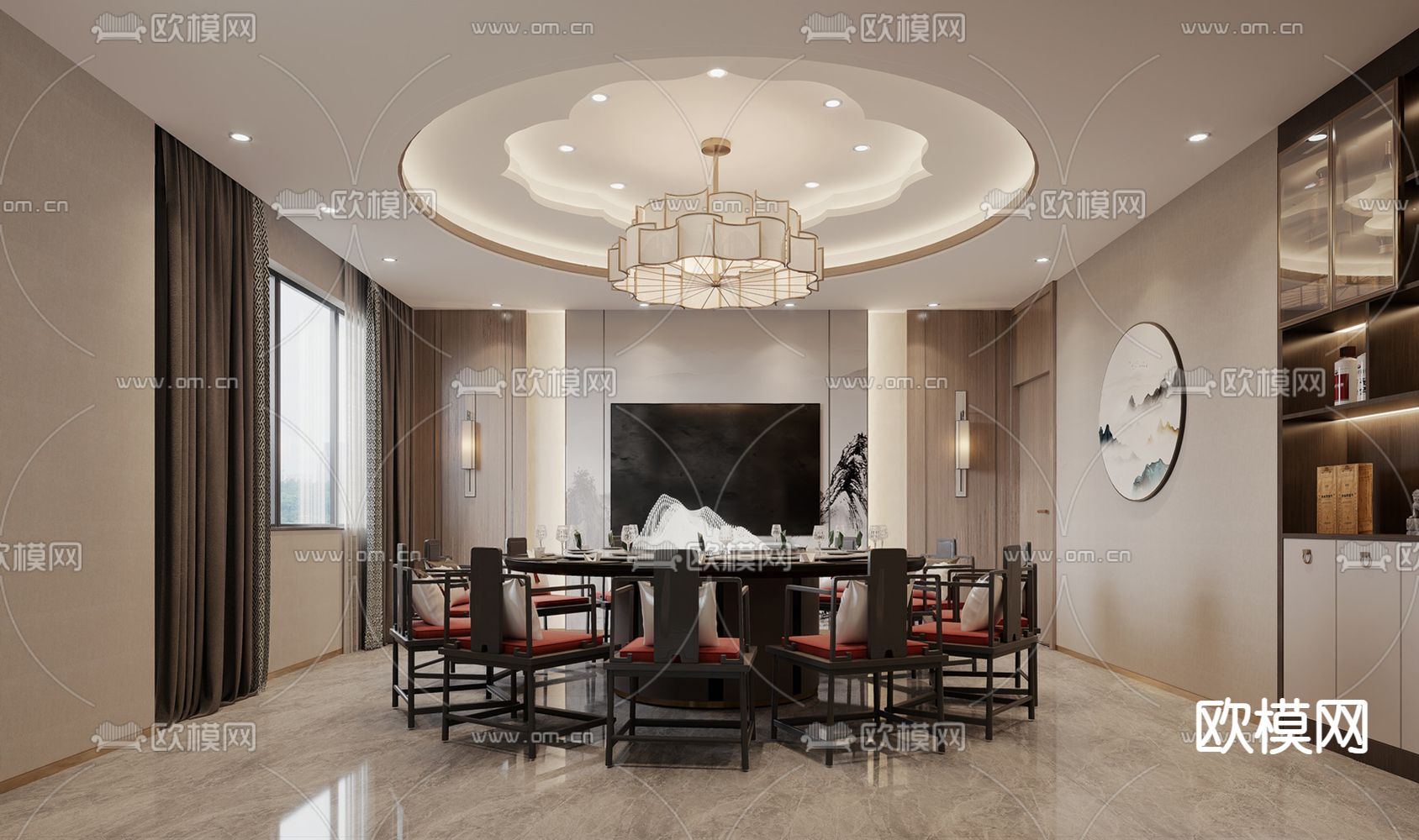 新中式餐厅包厢su模型